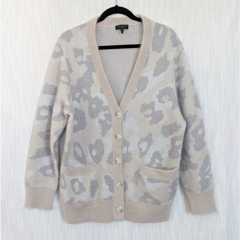 Rag & Bone Mohair Alpaca Animal Print Cardigan Womens M Beige/Gray Long Sleeve - Picture 2 of 8